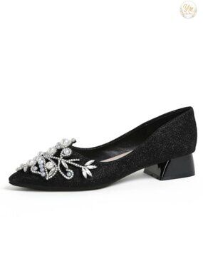 Women's Rhinestone Low Heel Dress Pumps Pointed Toe Pearl Diamond Wedding Work